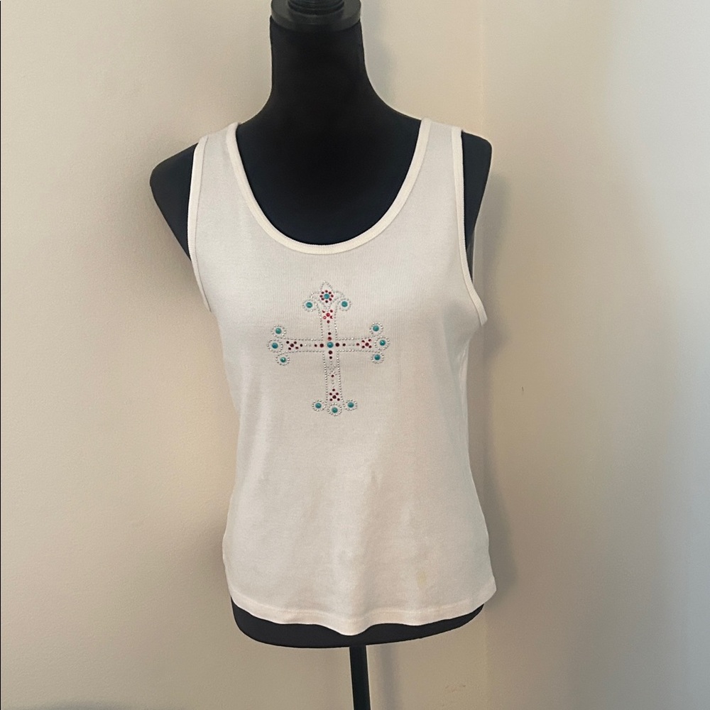 Nally & Millie White Tank with Rhinestone Cross and Turquoise Accents